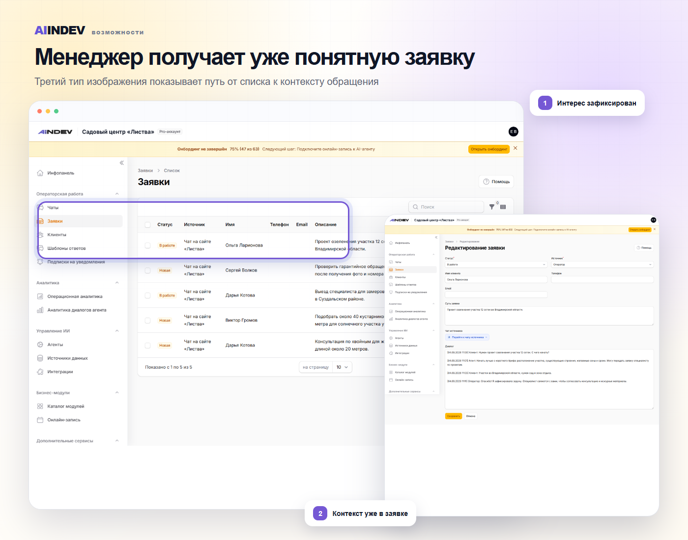 Карточка заявки с контекстом