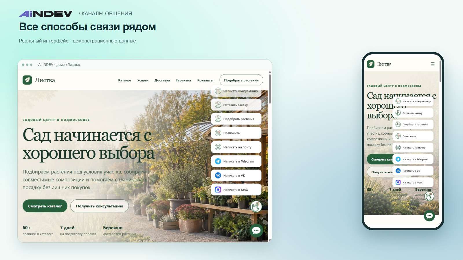 Меню способов связи на сайте